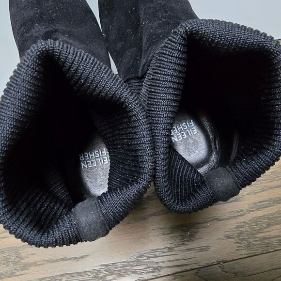 Eileen Fisher Knolls Suede & Recycled Stretch Knit Sock Block Heel Boot in Black - Picture 11 of 12